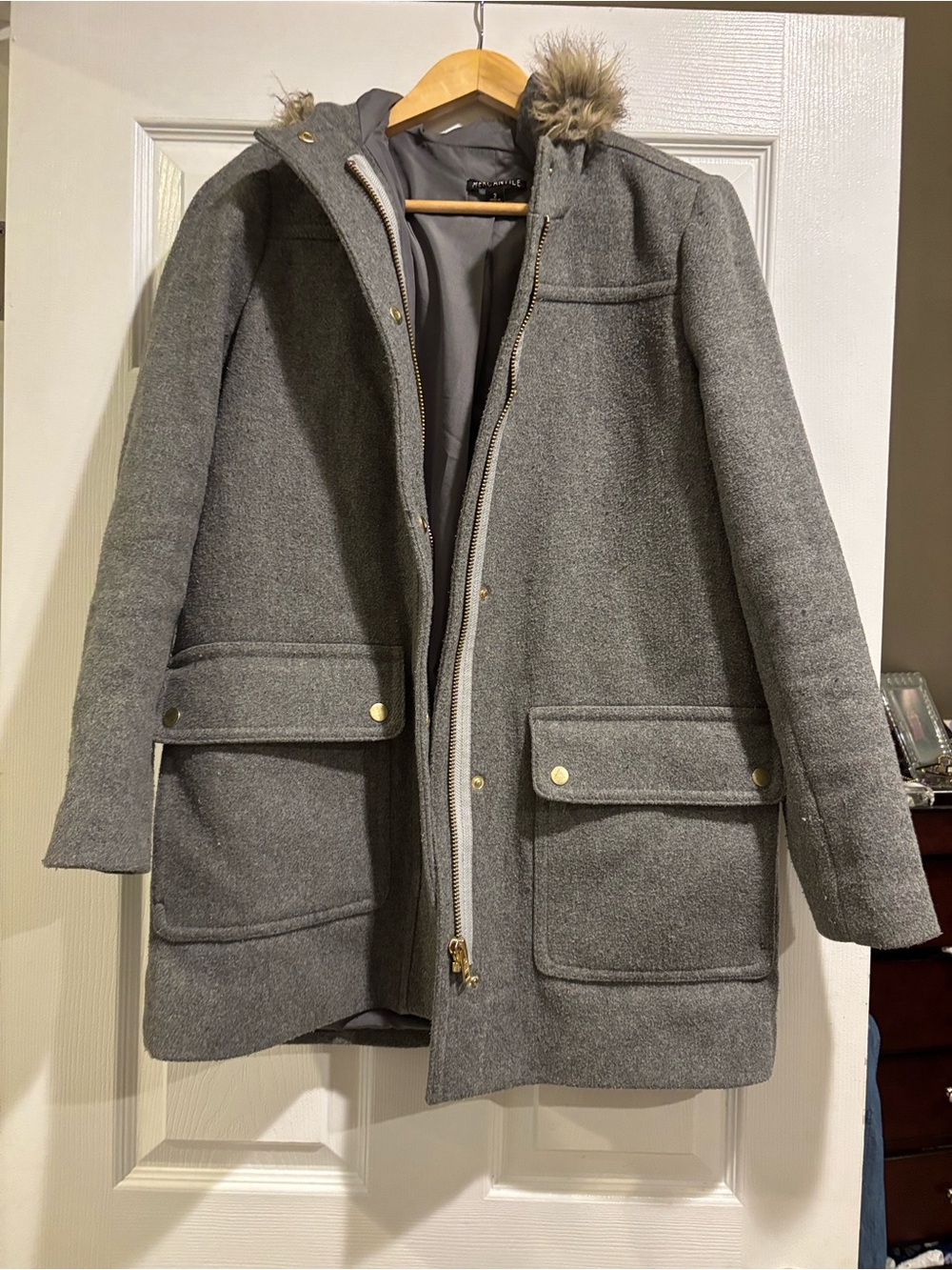 Wool-Blend Gray Hooded Coat with Faux-Fur Trim